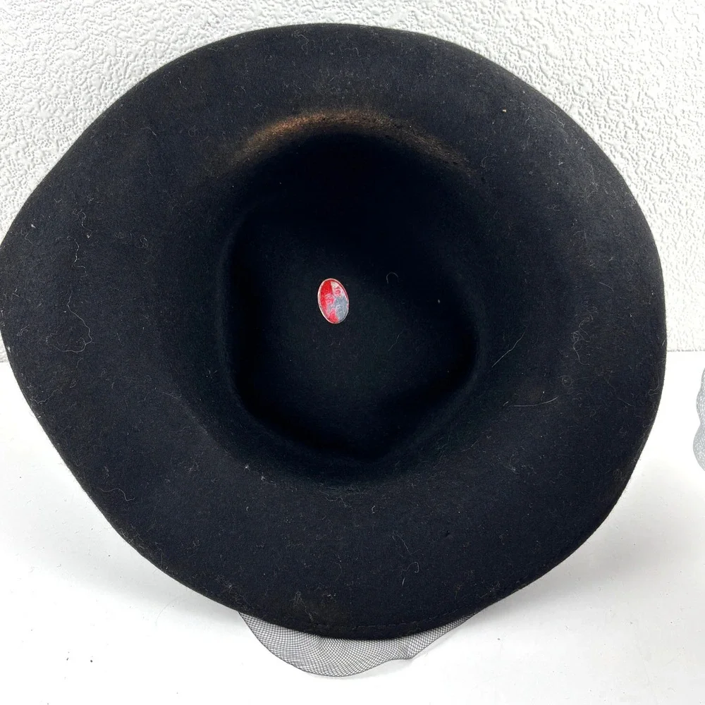 Vintage Wool Felt Hat Womens OS Black Mesh Bow Bead Accent Mid Century MCM